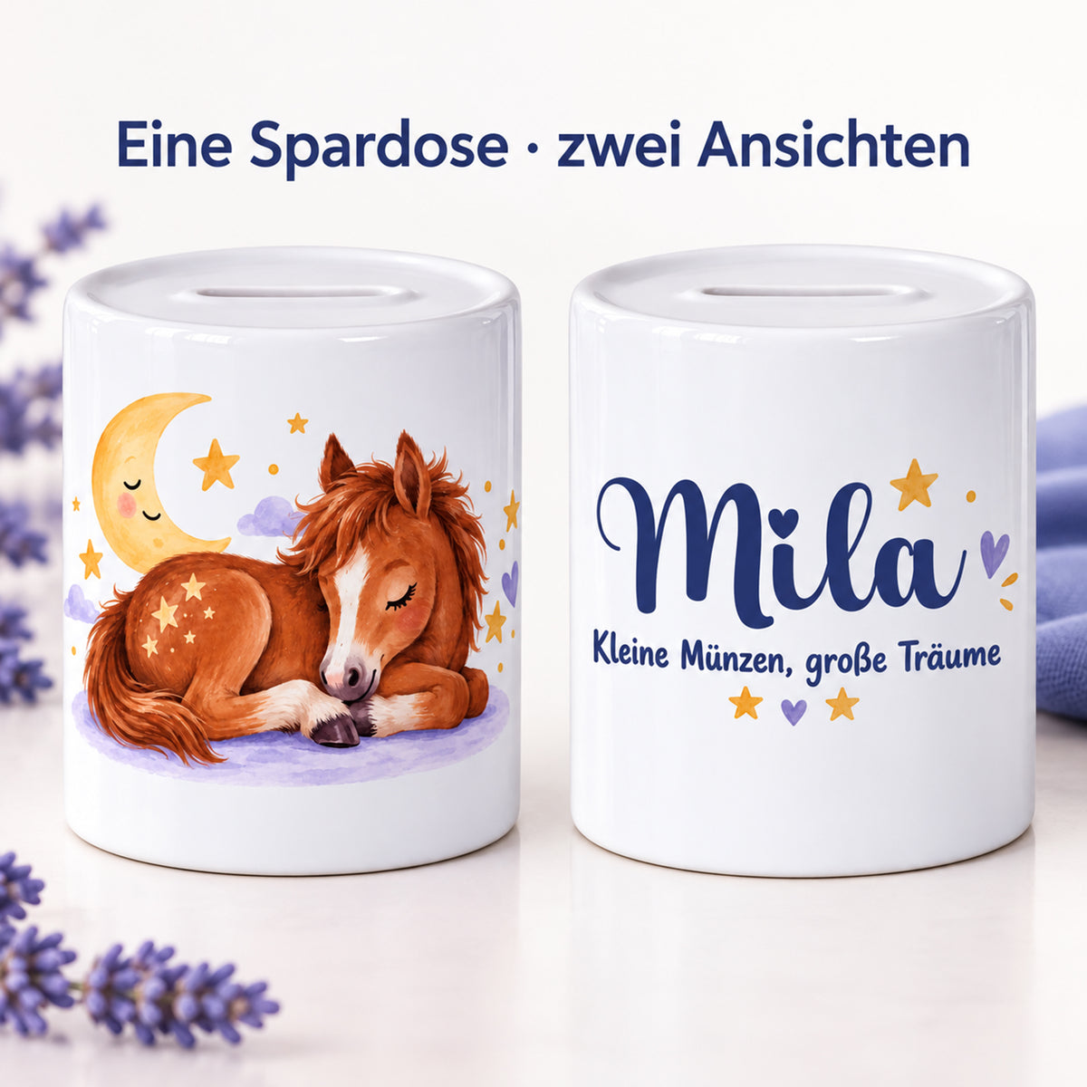 Motivseite und Namensseite derselben Spardose Sternenpony nebeneinander, mit Hinweis auf zwei Ansichten eines Artikels.