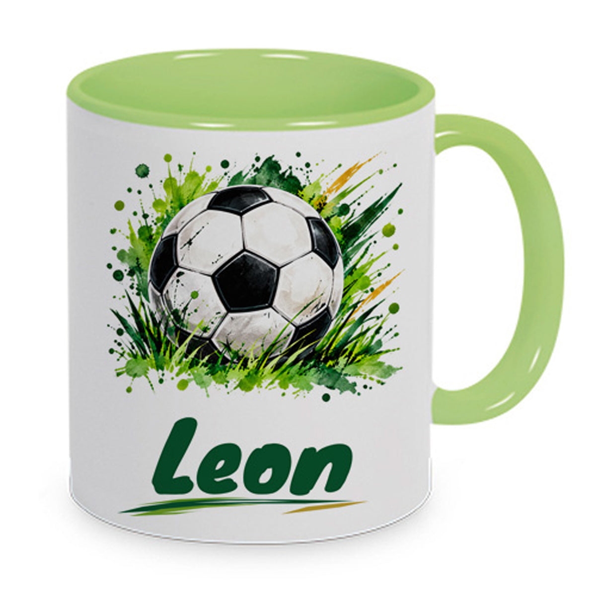 Hellgrüne Fußballtasse Klassischer Fußball mit Beispielname Leon: Hauptansicht