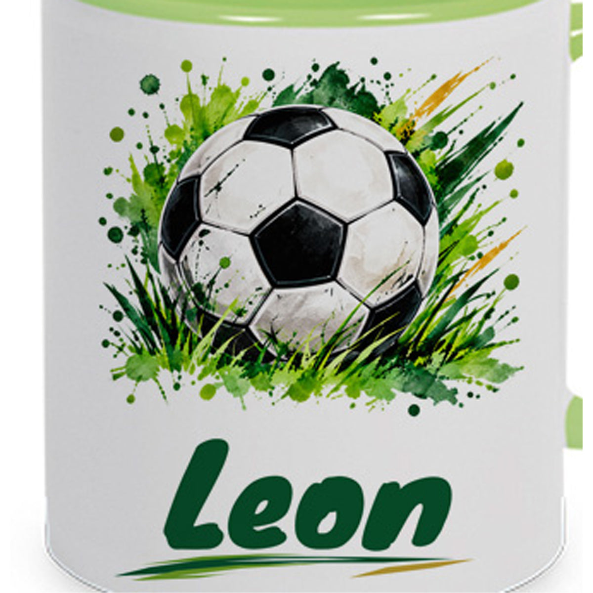 Hellgrüne Fußballtasse Klassischer Fußball mit Beispielname Leon: Motivdetail