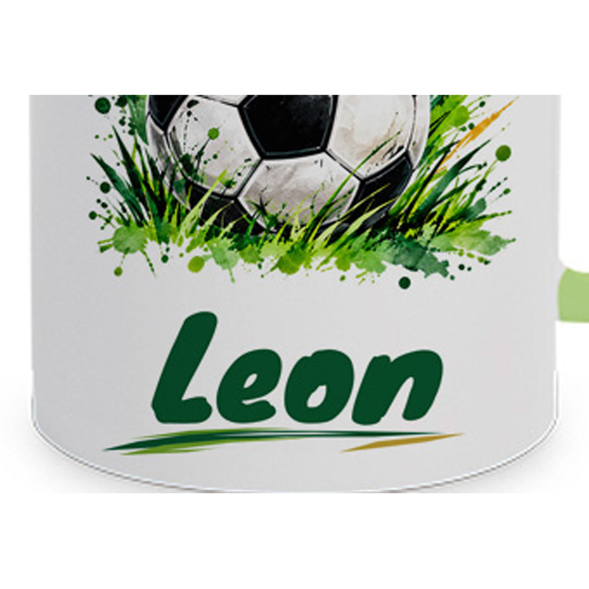 Hellgrüne Fußballtasse Klassischer Fußball mit Beispielname Leon: Wunschname im Detail