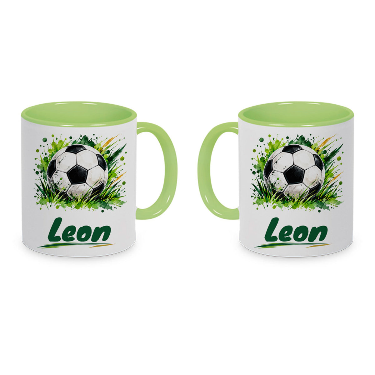 Hellgrüne Fußballtasse Klassischer Fußball mit Beispielname Leon: Eine Tasse aus zwei Ansichten