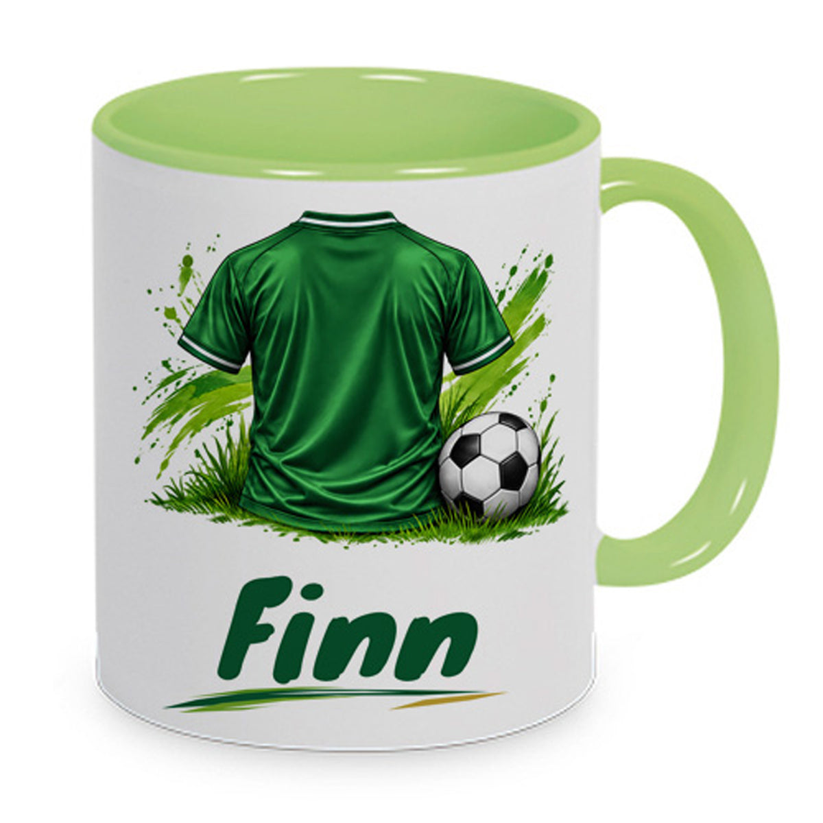 Hellgrüne Fußballtasse Dein Trikot mit Beispielname Finn: Hauptansicht