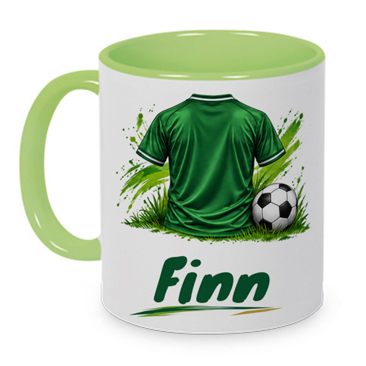 Hellgrüne Fußballtasse Dein Trikot mit Beispielname Finn: Zweite bedruckte Seite