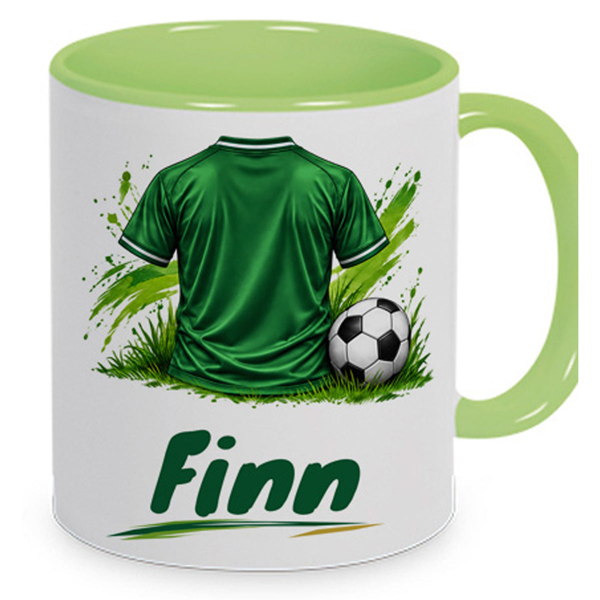 Hellgrüne Fußballtasse Dein Trikot mit Beispielname Finn: Nahe Produktansicht