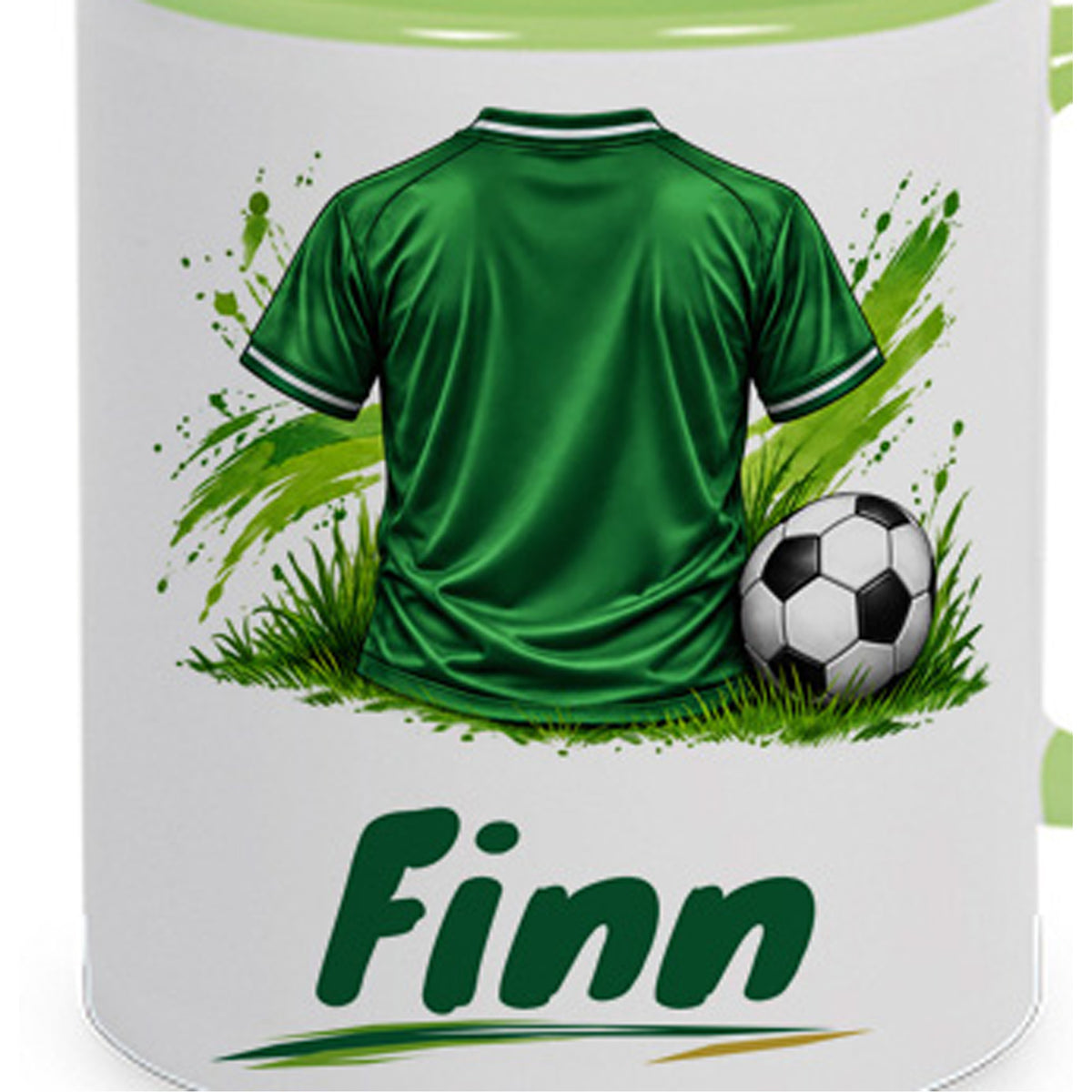 Hellgrüne Fußballtasse Dein Trikot mit Beispielname Finn: Motivdetail