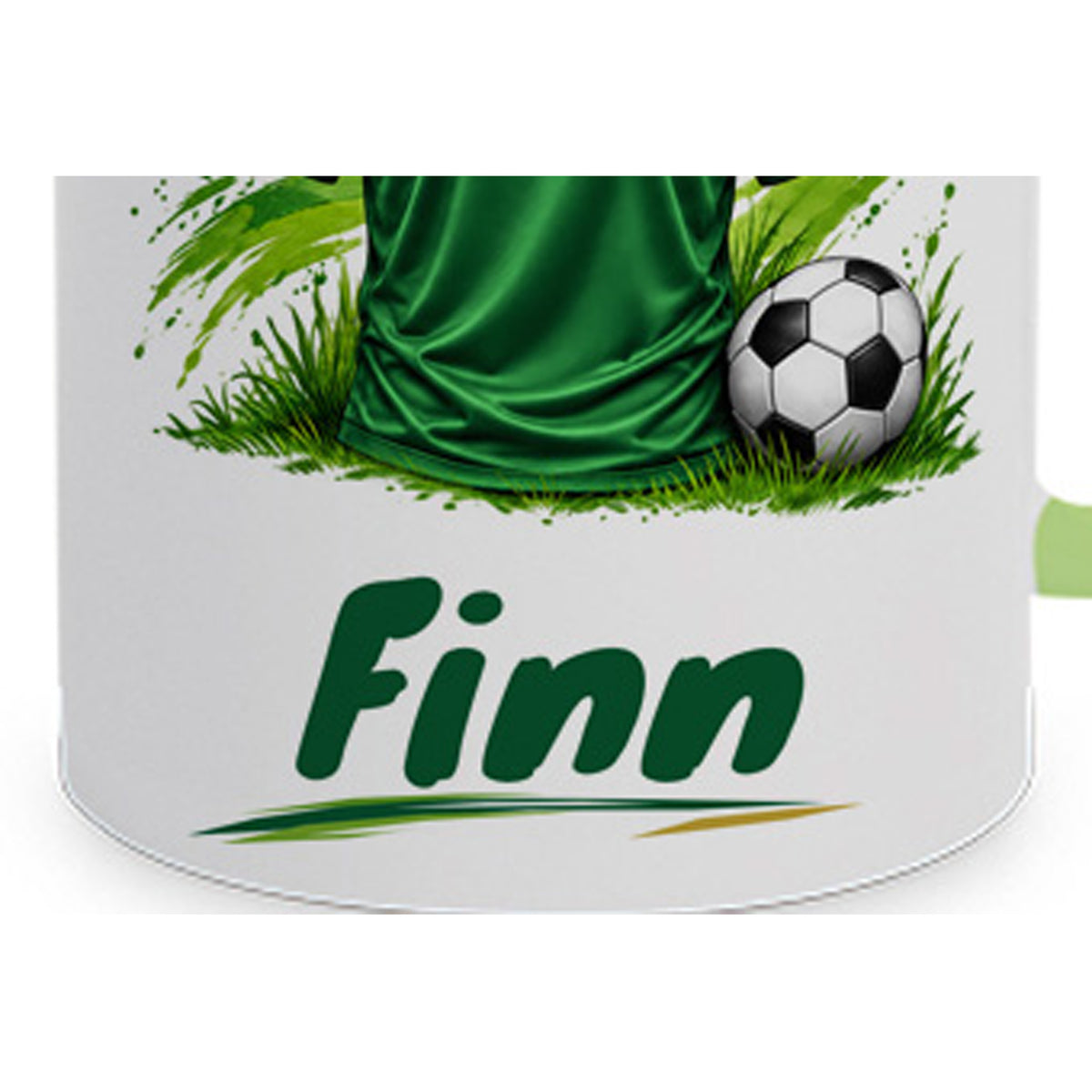 Hellgrüne Fußballtasse Dein Trikot mit Beispielname Finn: Wunschname im Detail