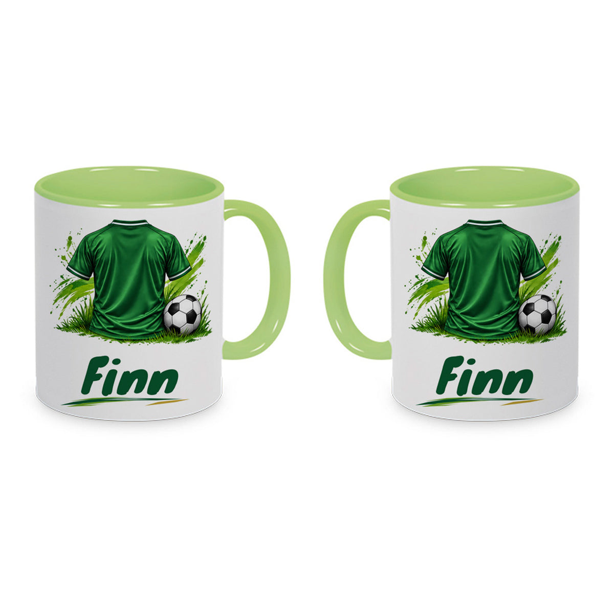 Hellgrüne Fußballtasse Dein Trikot mit Beispielname Finn: Eine Tasse aus zwei Ansichten