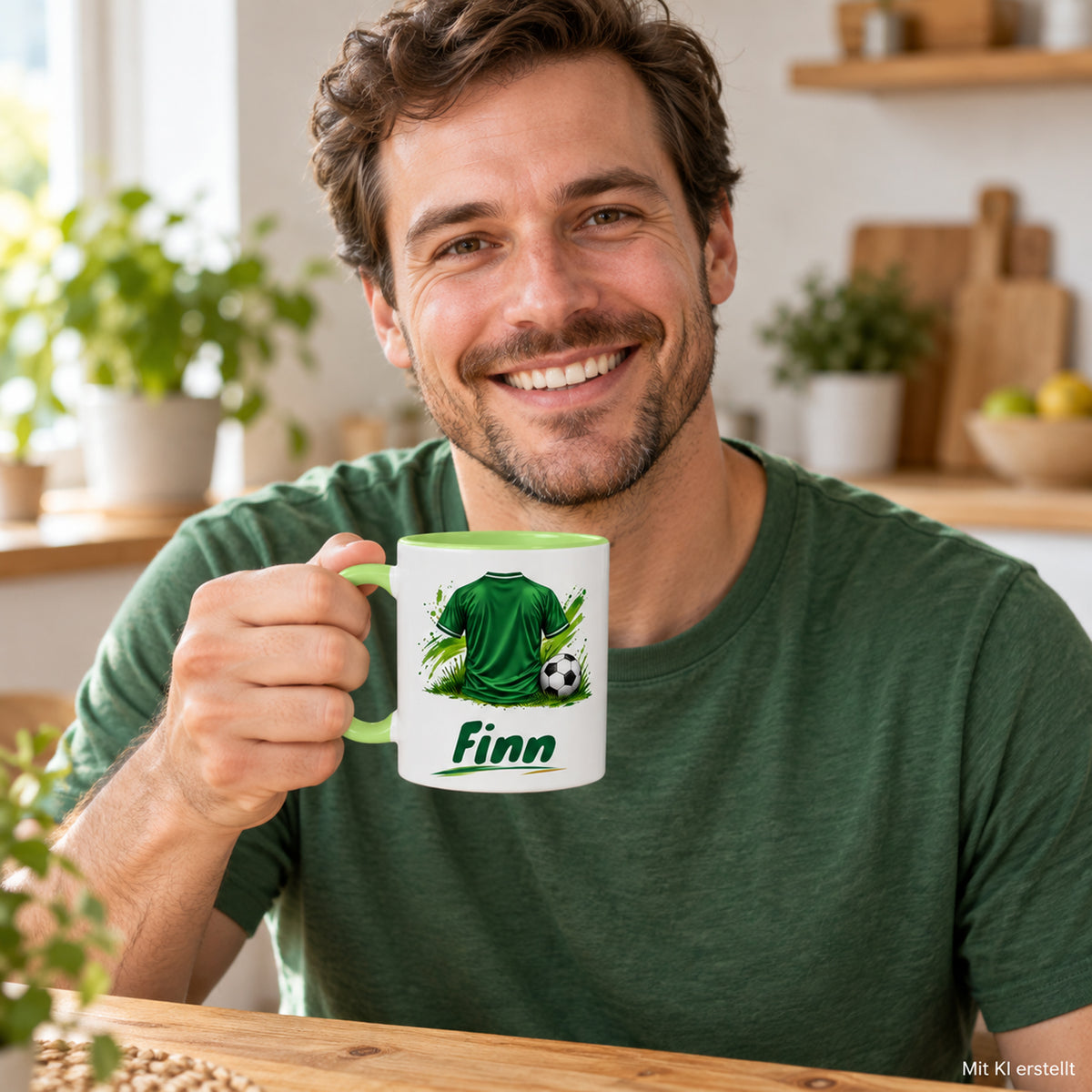 Hellgrüne Fußballtasse Dein Trikot mit Beispielname Finn: Tasse in der Hand – mit KI erstellt