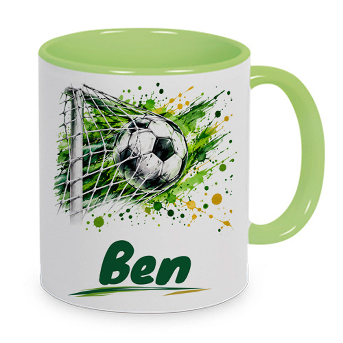Hellgrüne Fußballtasse Torjubel mit Beispielname Ben: Hauptansicht