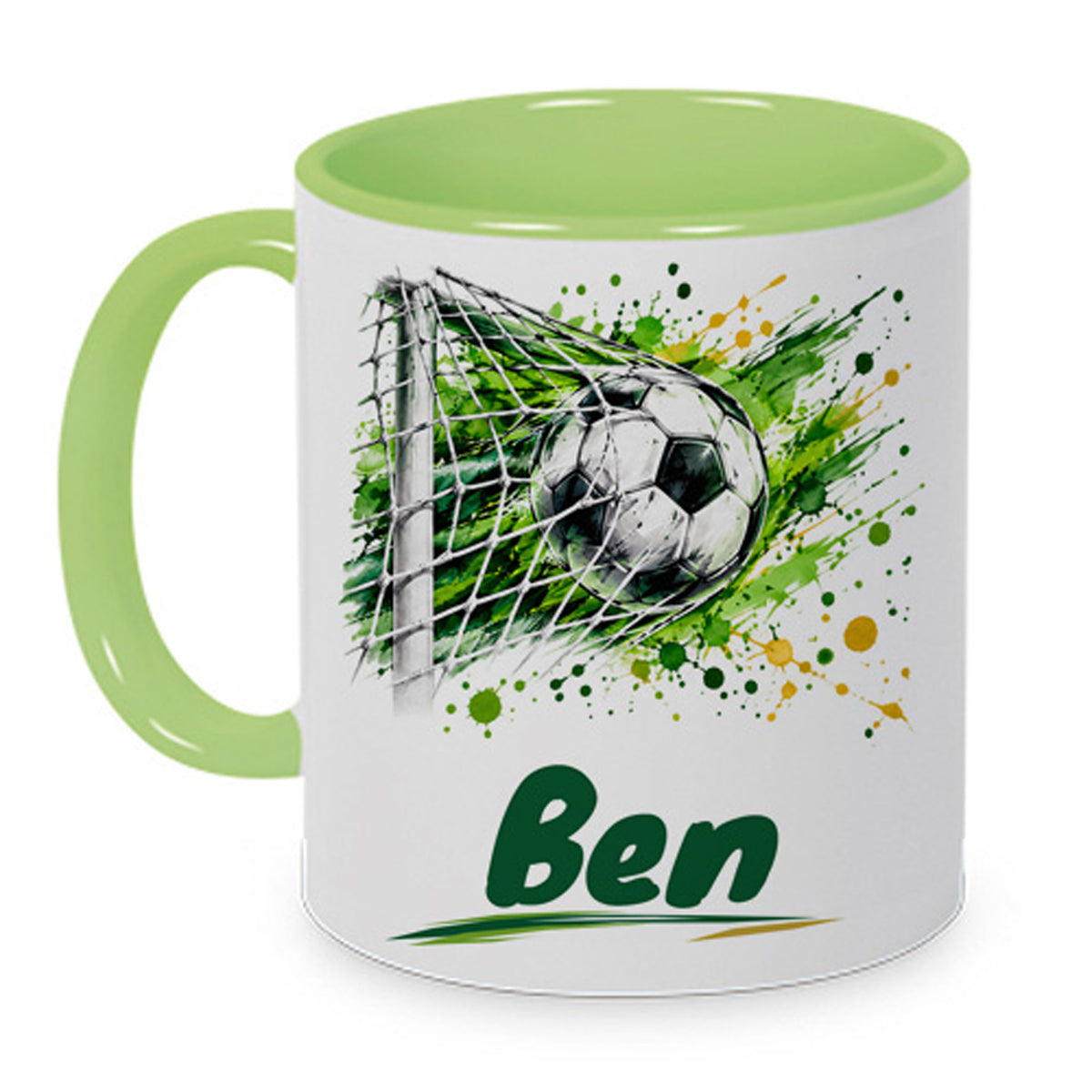 Hellgrüne Fußballtasse Torjubel mit Beispielname Ben: Zweite bedruckte Seite