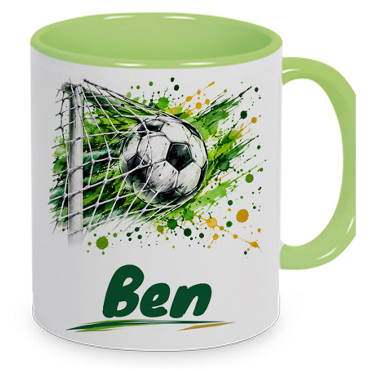 Hellgrüne Fußballtasse Torjubel mit Beispielname Ben: Nahe Produktansicht