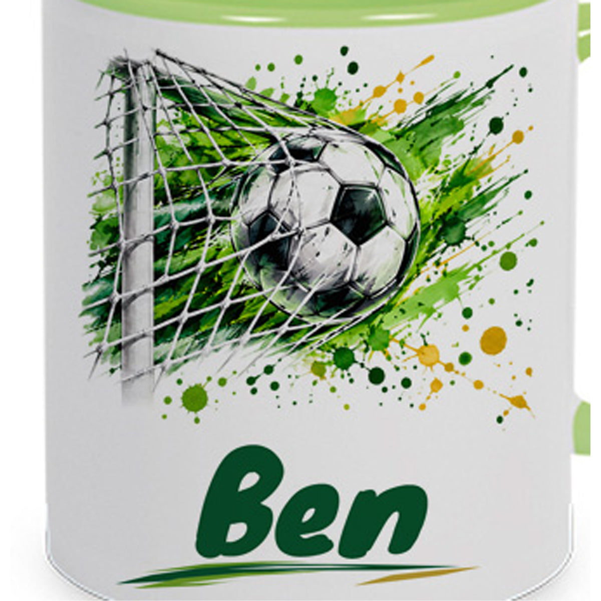 Hellgrüne Fußballtasse Torjubel mit Beispielname Ben: Motivdetail