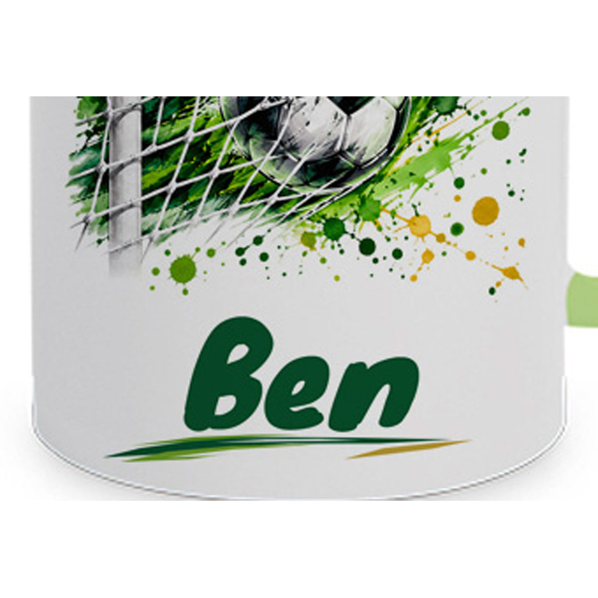 Hellgrüne Fußballtasse Torjubel mit Beispielname Ben: Wunschname im Detail