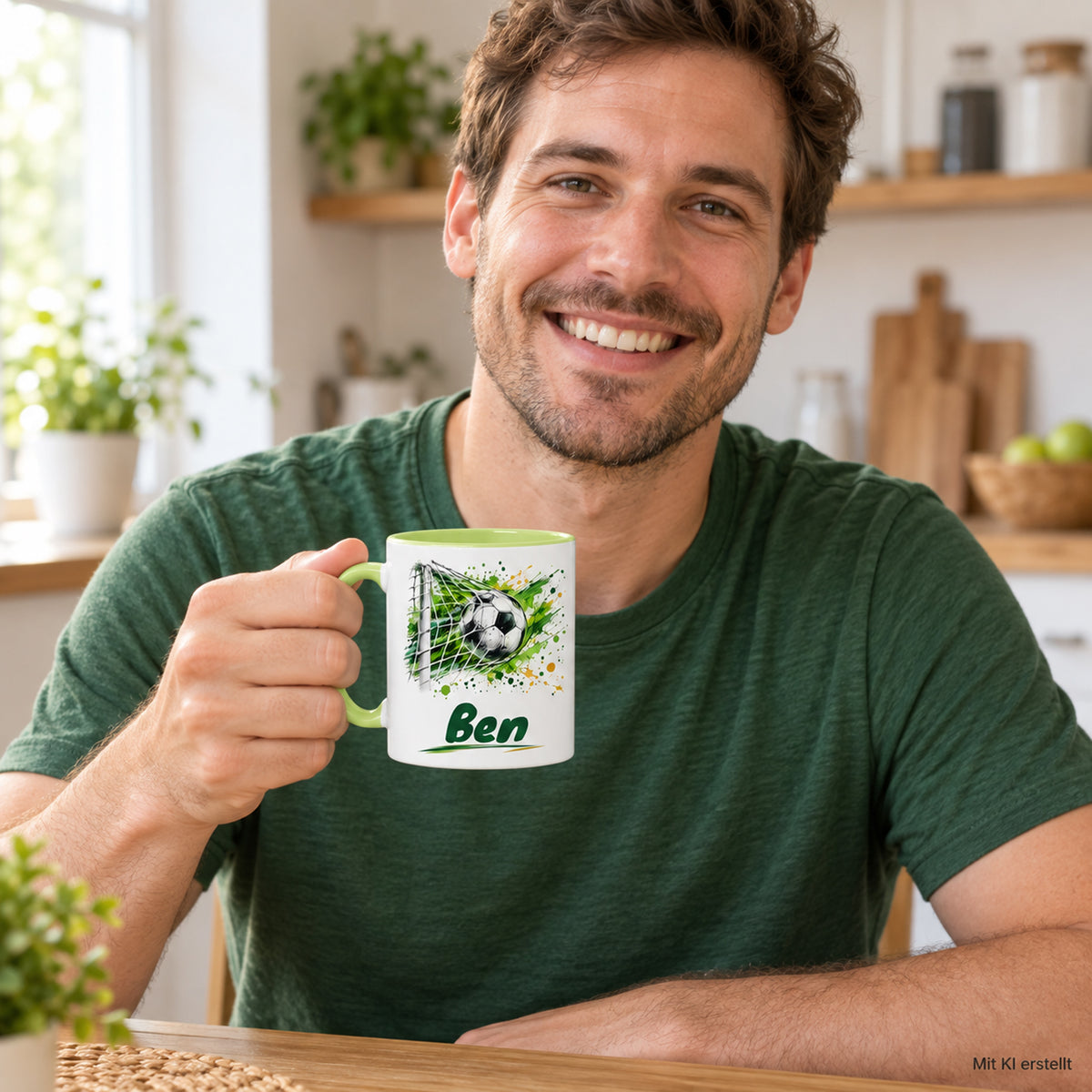 Hellgrüne Fußballtasse Torjubel mit Beispielname Ben: Tasse in der Hand – mit KI erstellt
