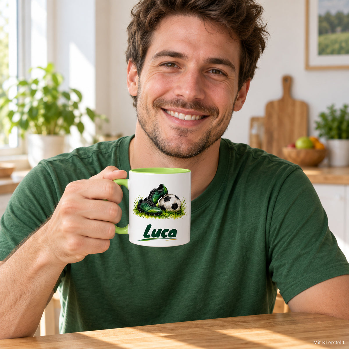 Hellgrüne Fußballtasse Bereit fürs Spiel mit Beispielname Luca: Tasse in der Hand – mit KI erstellt