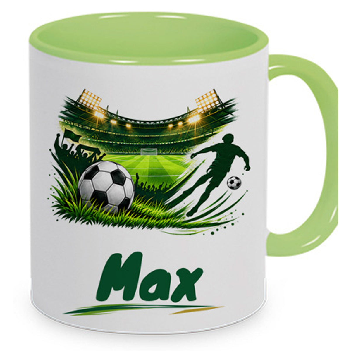 Hellgrüne Fußballtasse Stadionliebe mit Beispielname Max: Nahe Produktansicht