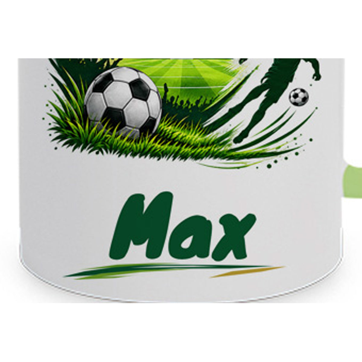 Hellgrüne Fußballtasse Stadionliebe mit Beispielname Max: Wunschname im Detail