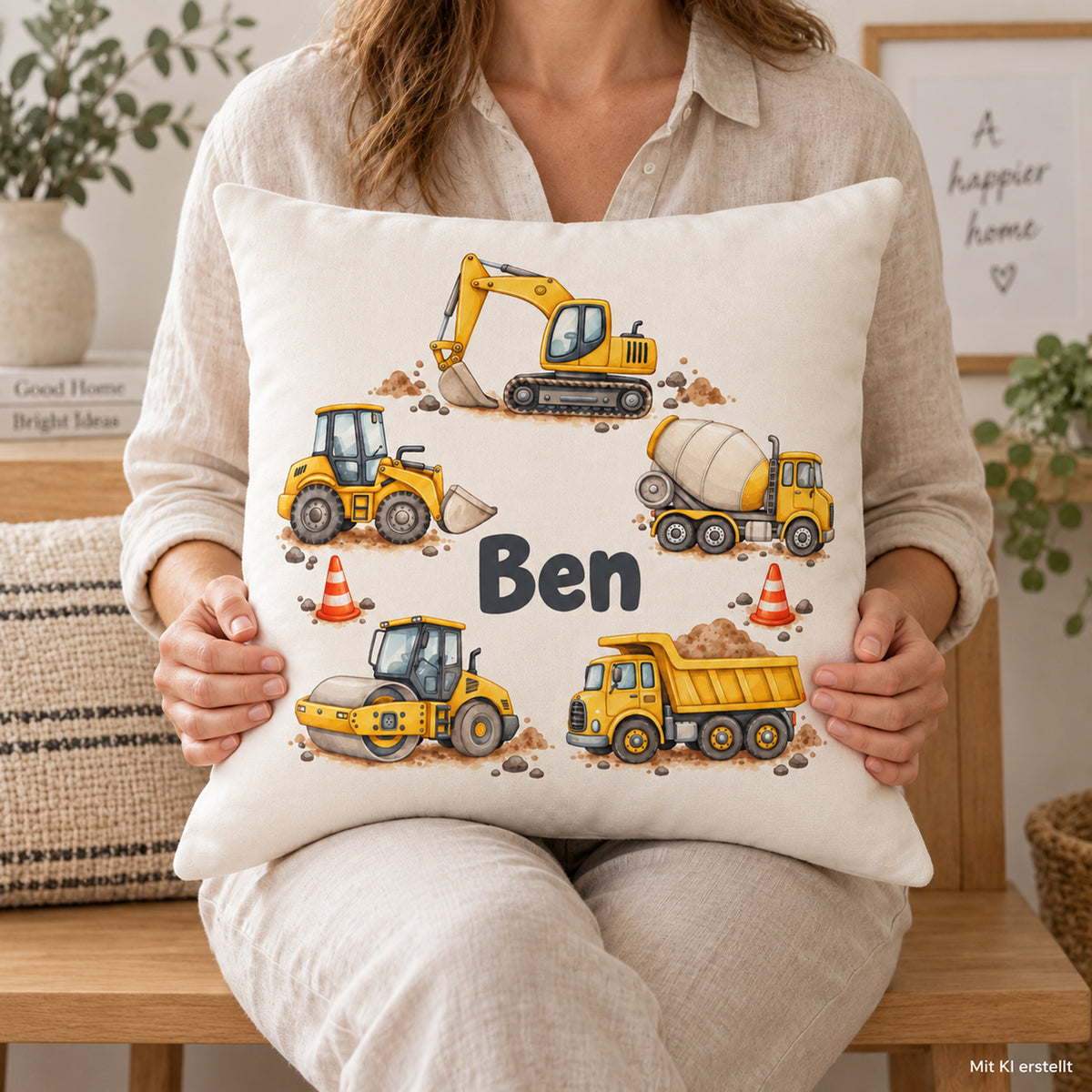 Eine erwachsene Person hält einen 40 × 40 cm großen Kissenbezug mit Baustellenfahrzeugkranz und Beispielname Ben. Bild mit dem Hinweis Mit KI erstellt.