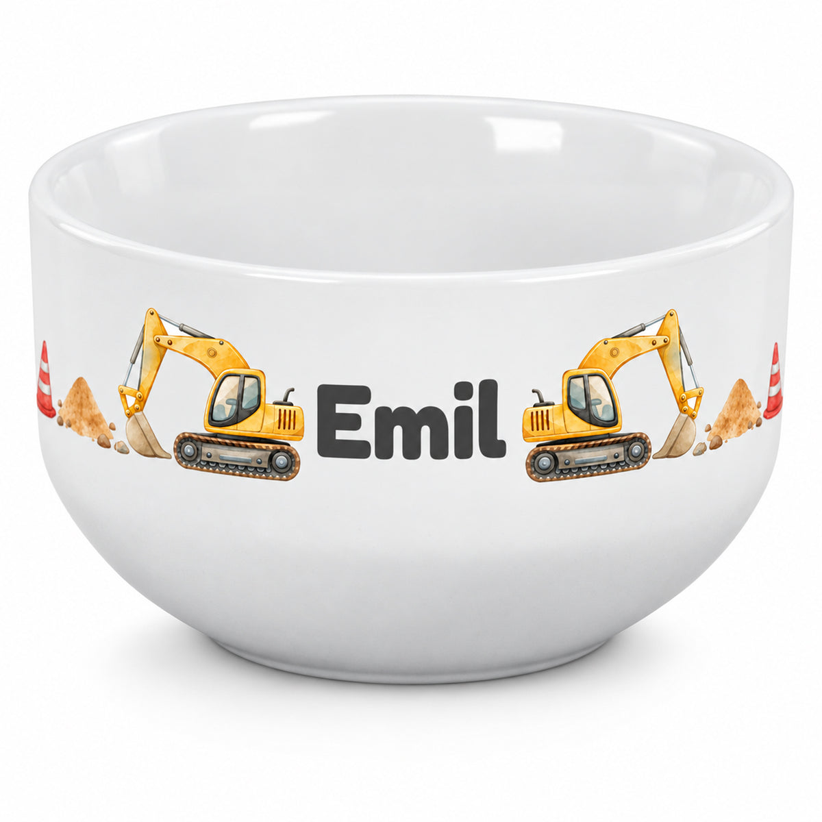 Weiße Müslischale mit Bagger-Motiv und Beispielname Emil