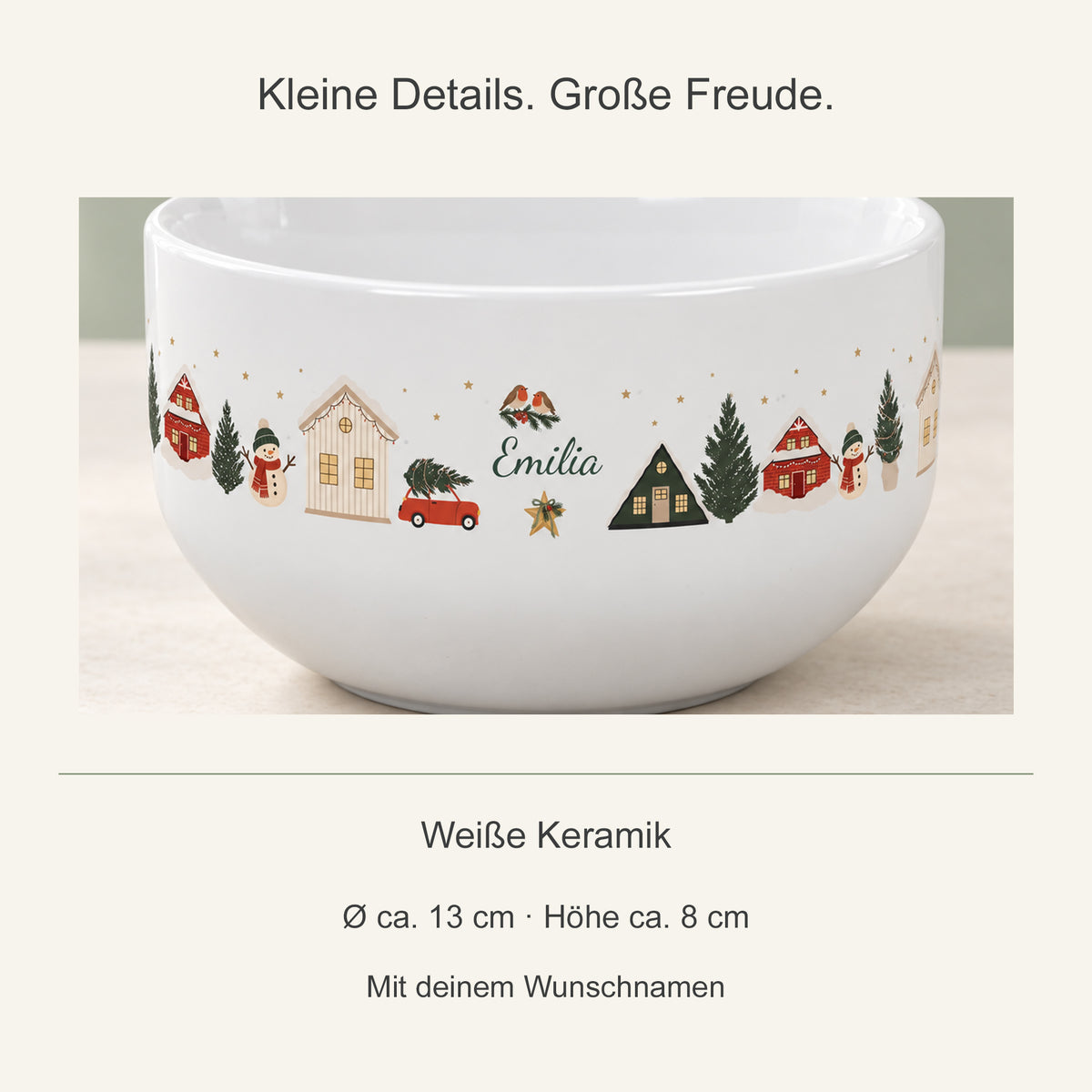 Nahansicht des Weihnachtsmotivs und Angaben zur Keramikschale