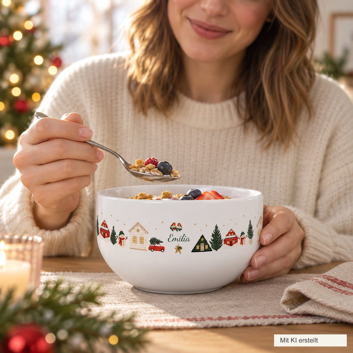 Frau beim Frühstück mit der Müslischale Weihnachtsdorf, KI-generierte Szene