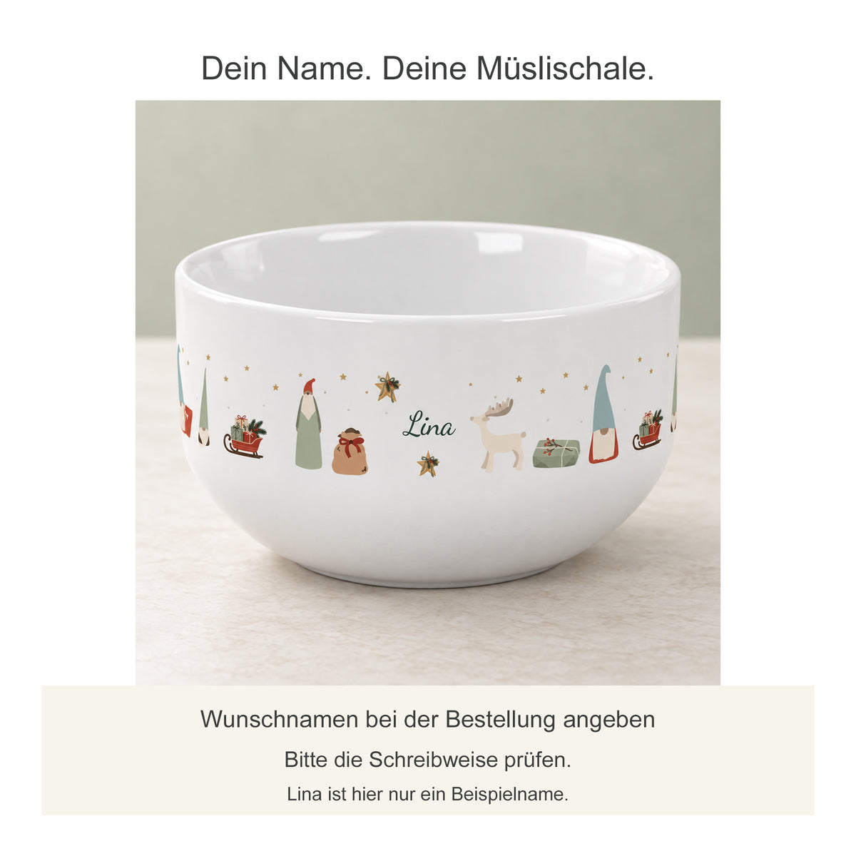 Wunschname auf der Müslischale mit Wichtelzauber-Motiv