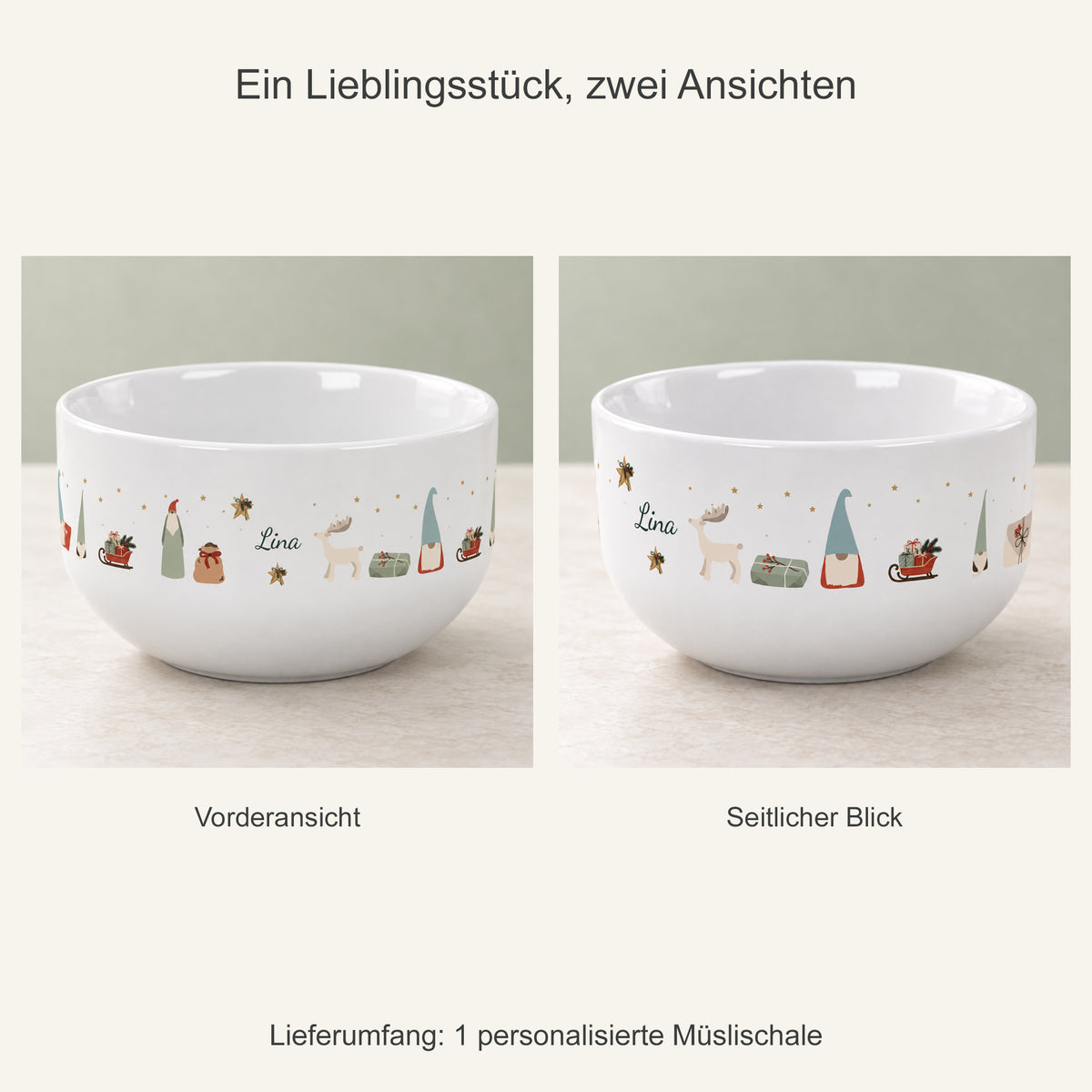Zwei Ansichten einer personalisierten Müslischale Wichtelzauber