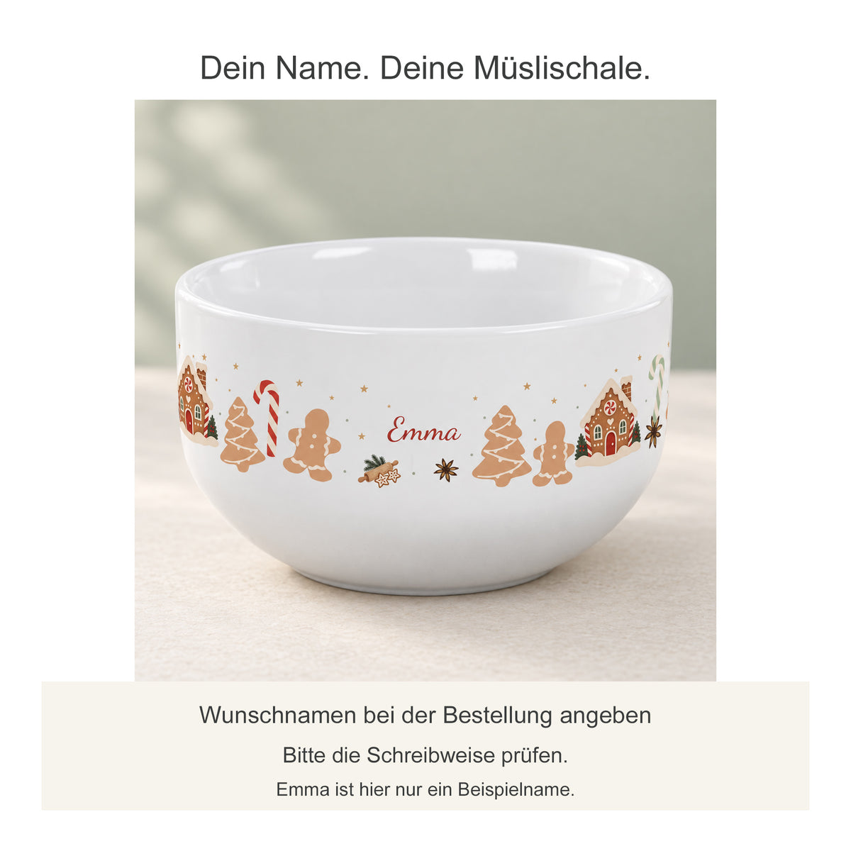 Wunschname auf der Müslischale mit Weihnachtsbäckerei-Motiv