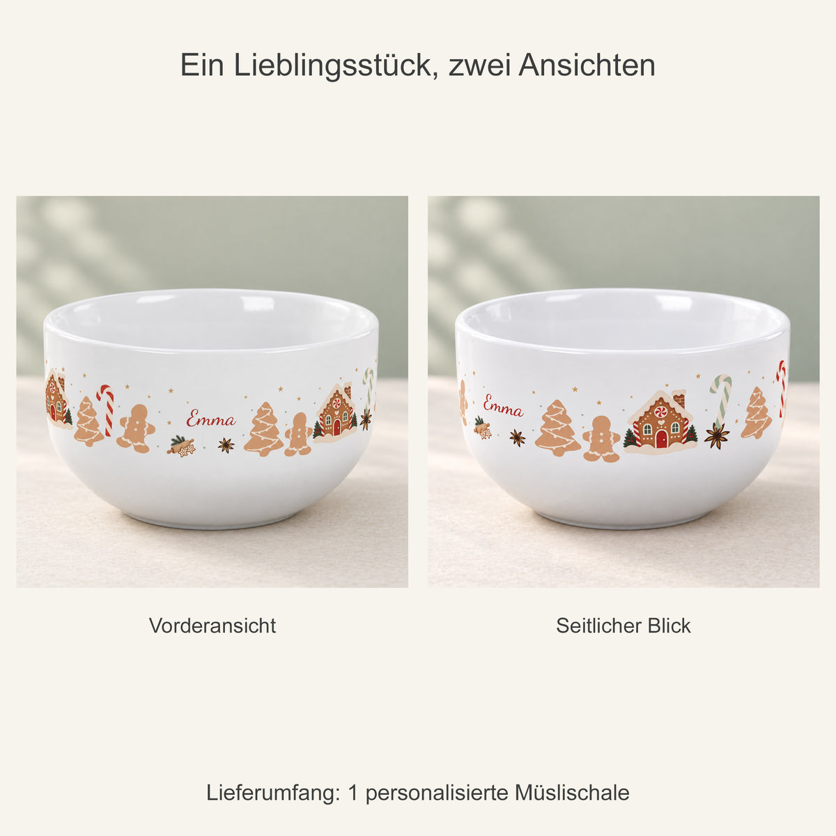 Zwei Ansichten einer personalisierten Müslischale Weihnachtsbäckerei