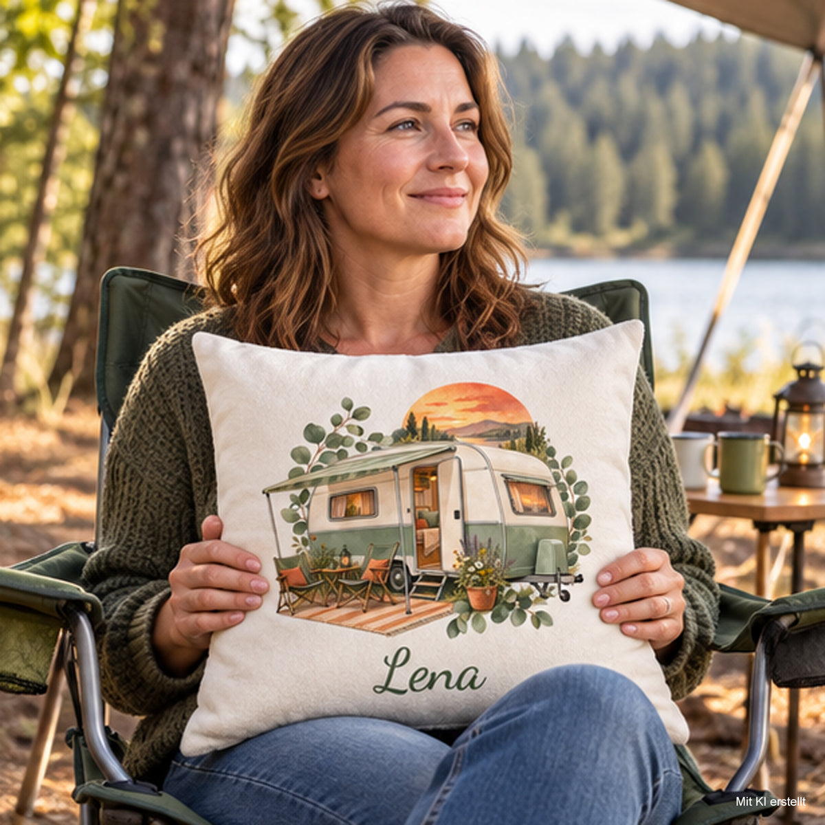 Größenansicht mit Person: Camping-Kissenbezug Wohnwagen im Sonnenuntergang, personalisiert mit Lena