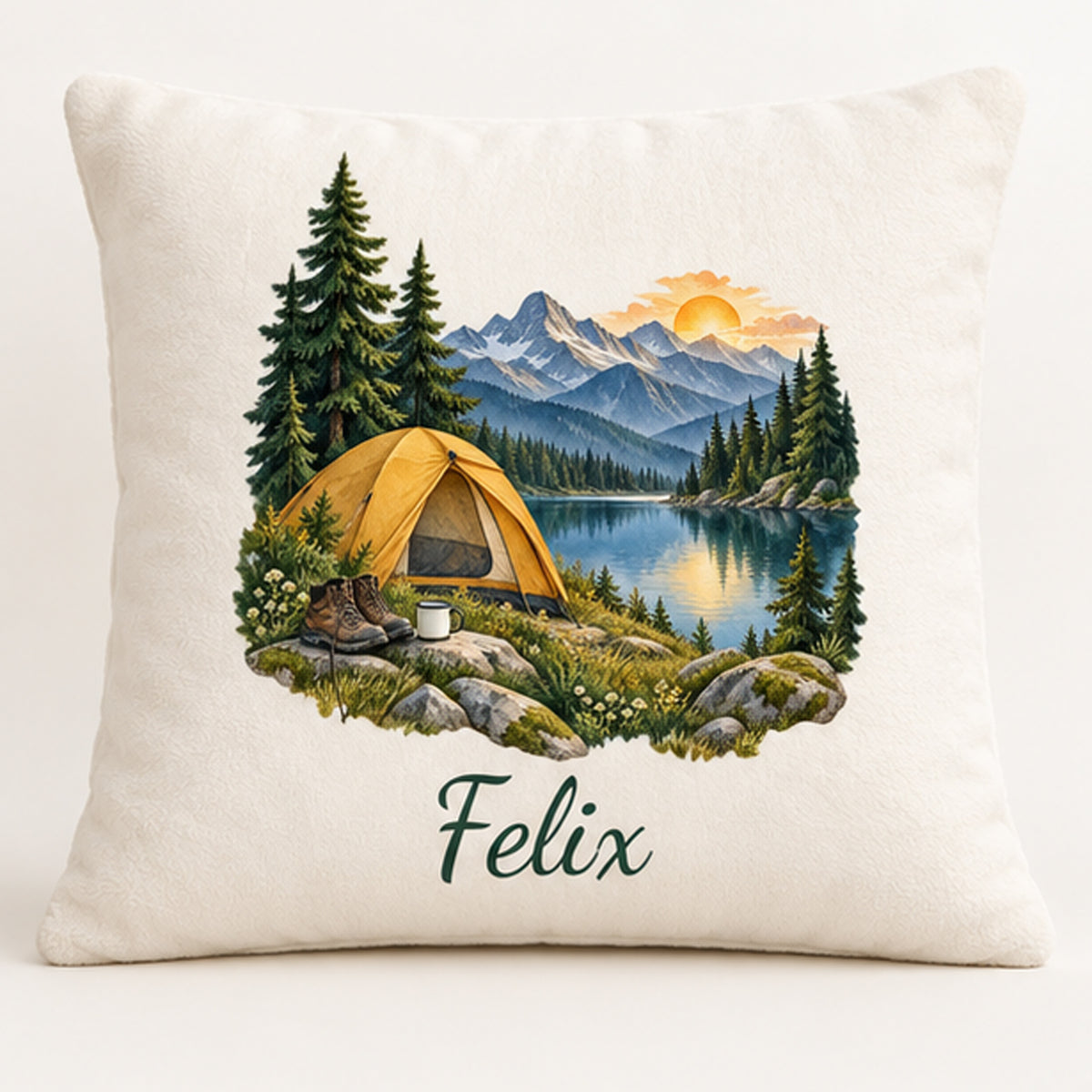 Hauptansicht: Camping-Kissenbezug Zelt am Bergsee, personalisiert mit Felix