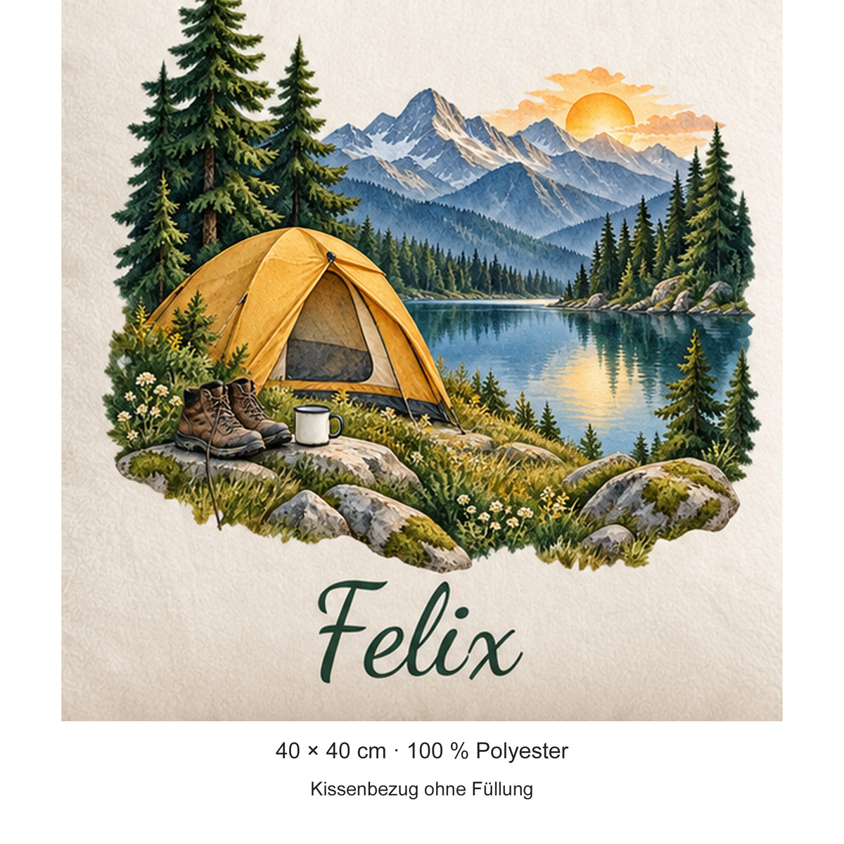 Produktdetails: Camping-Kissenbezug Zelt am Bergsee, personalisiert mit Felix