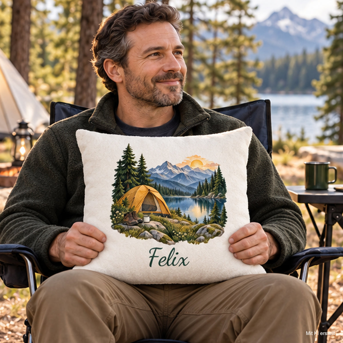 Größenansicht mit Person: Camping-Kissenbezug Zelt am Bergsee, personalisiert mit Felix