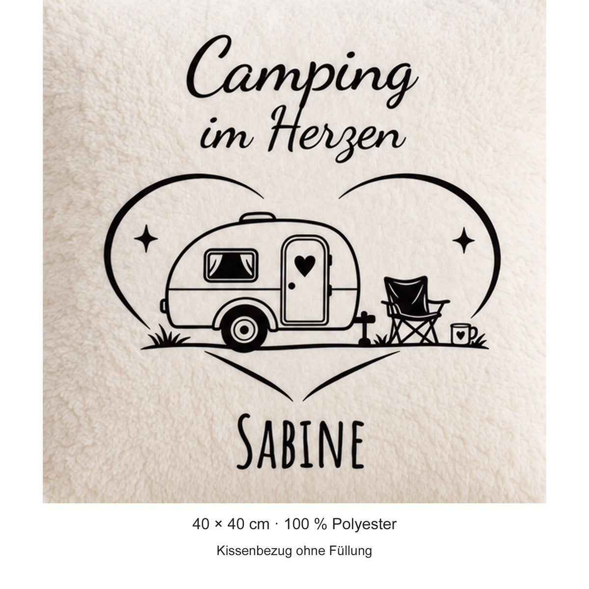 Produktdetails: Camping-Kissenbezug Camping im Herzen, personalisiert mit Sabine