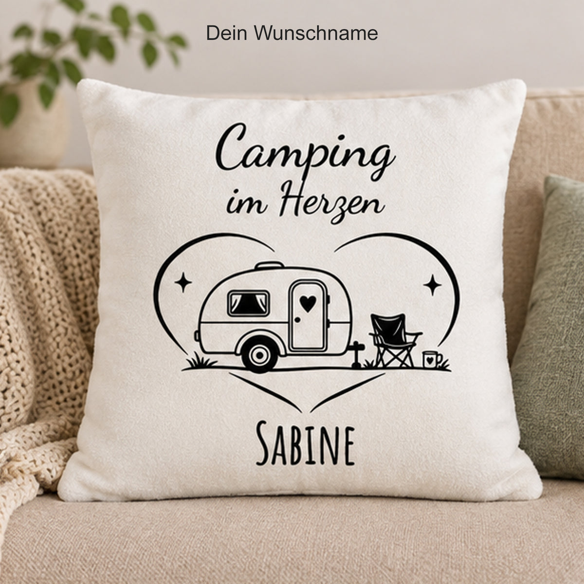 Personalisierung: Camping-Kissenbezug Camping im Herzen, personalisiert mit Sabine