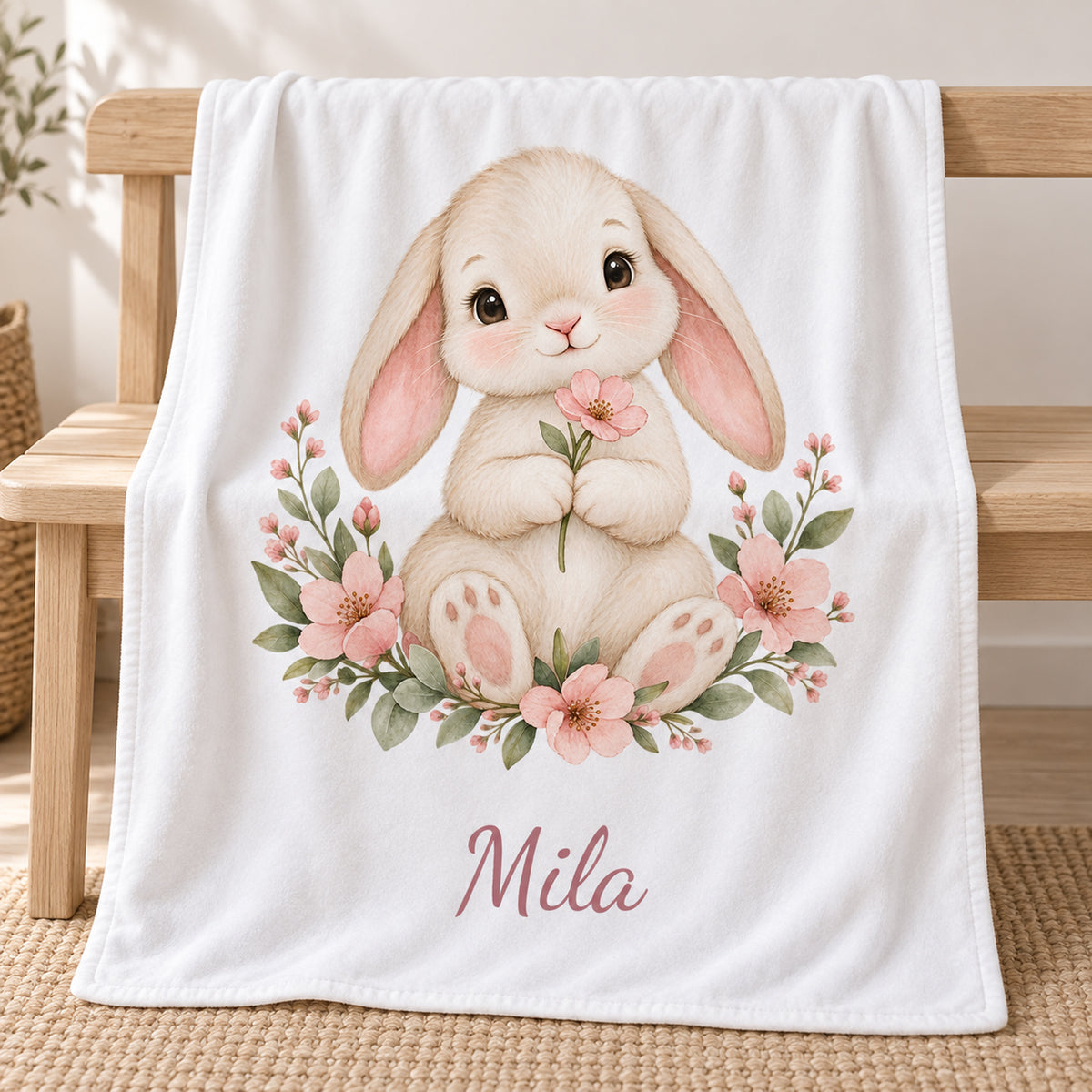 Weiße Babydecke mit Blumenhäschen und Beispielname Mila – motivansicht