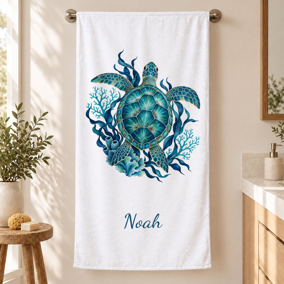 Personalisiertes Schildkröten-Handtuch Ozean in Aquarell – handtuchhalter
