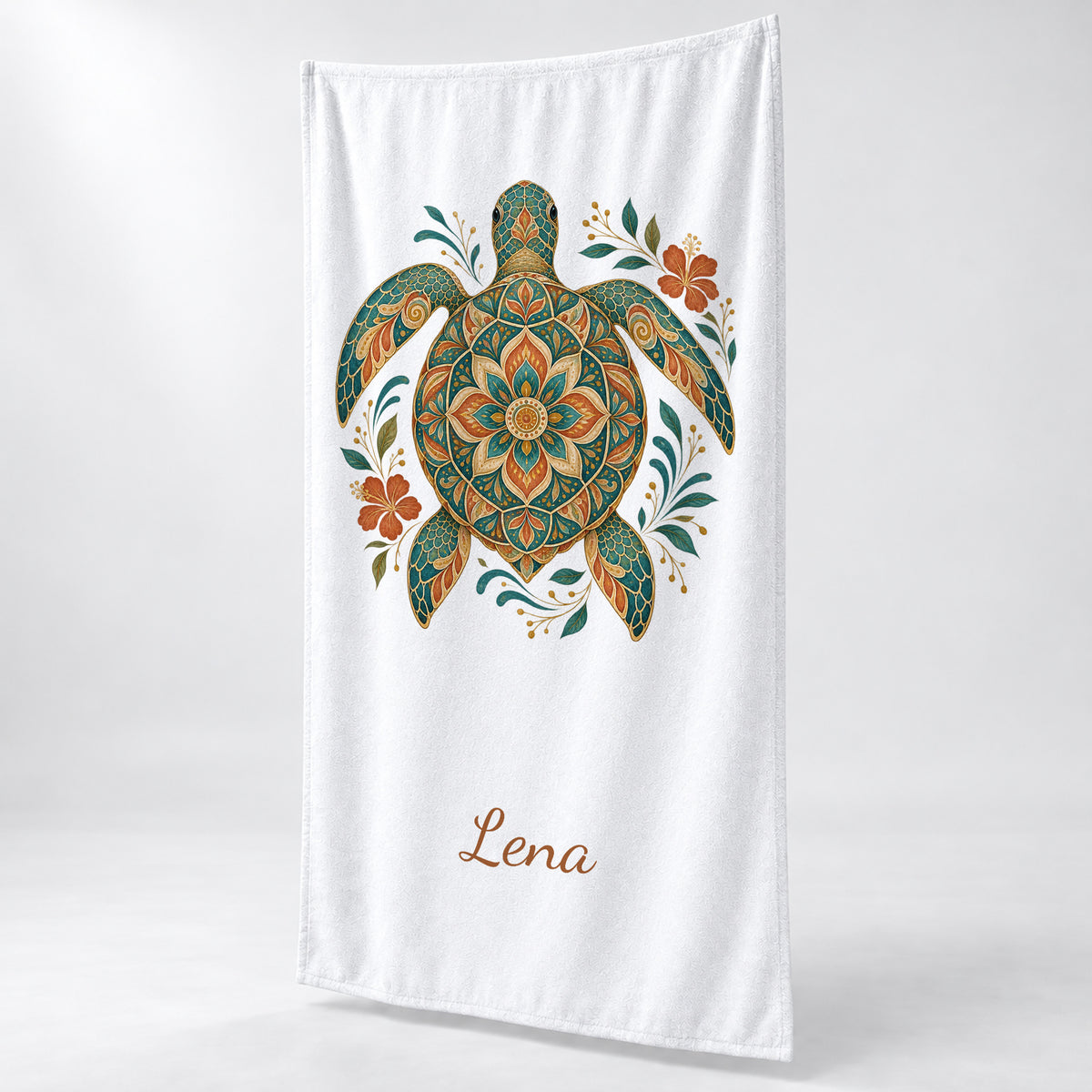 Personalisiertes Schildkröten-Handtuch Boho-Schildkröte – schraegansicht