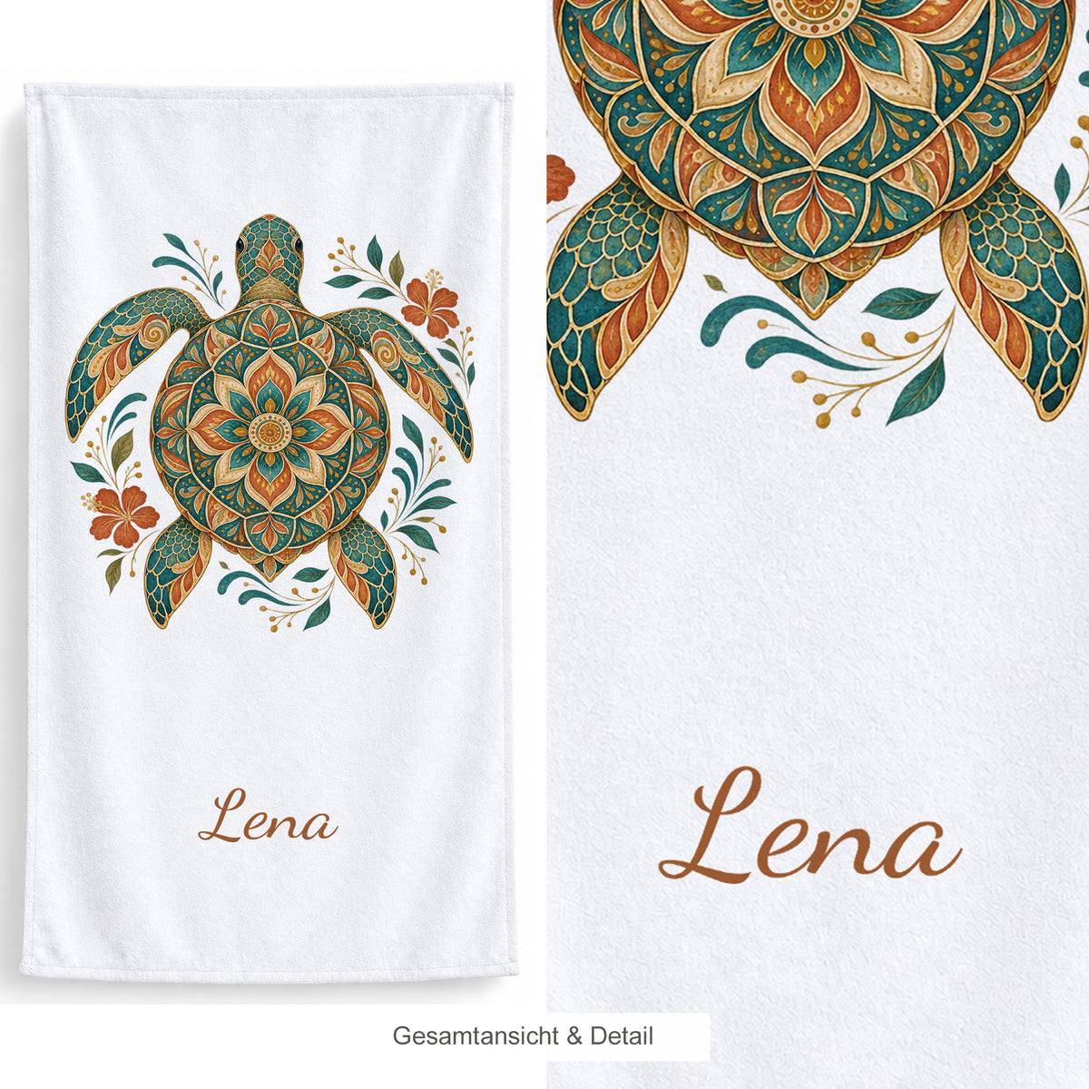 Personalisiertes Schildkröten-Handtuch Boho-Schildkröte – gesamtansicht detail