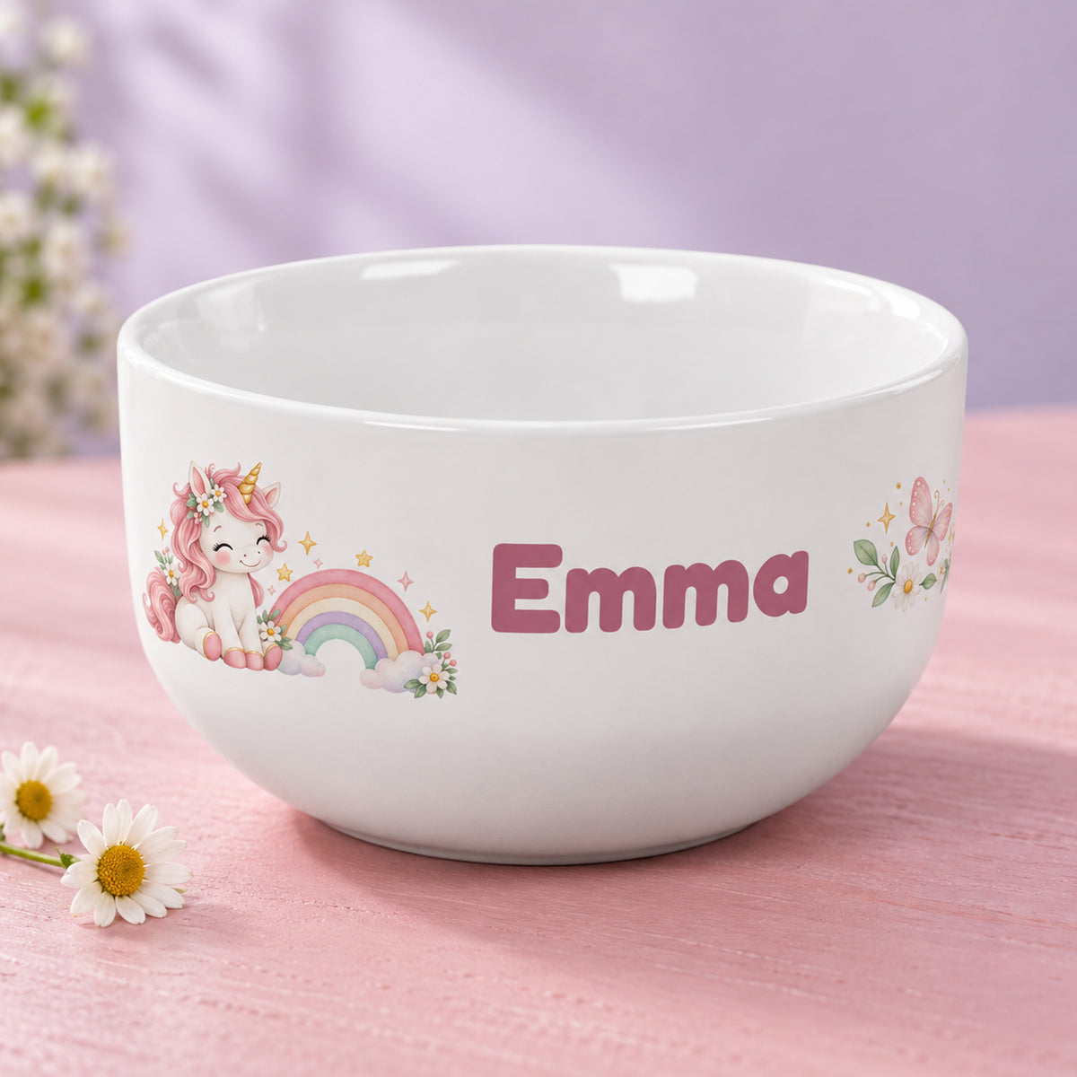 Weiße Müslischale mit Einhorn-Motiv und Beispielname Emma
