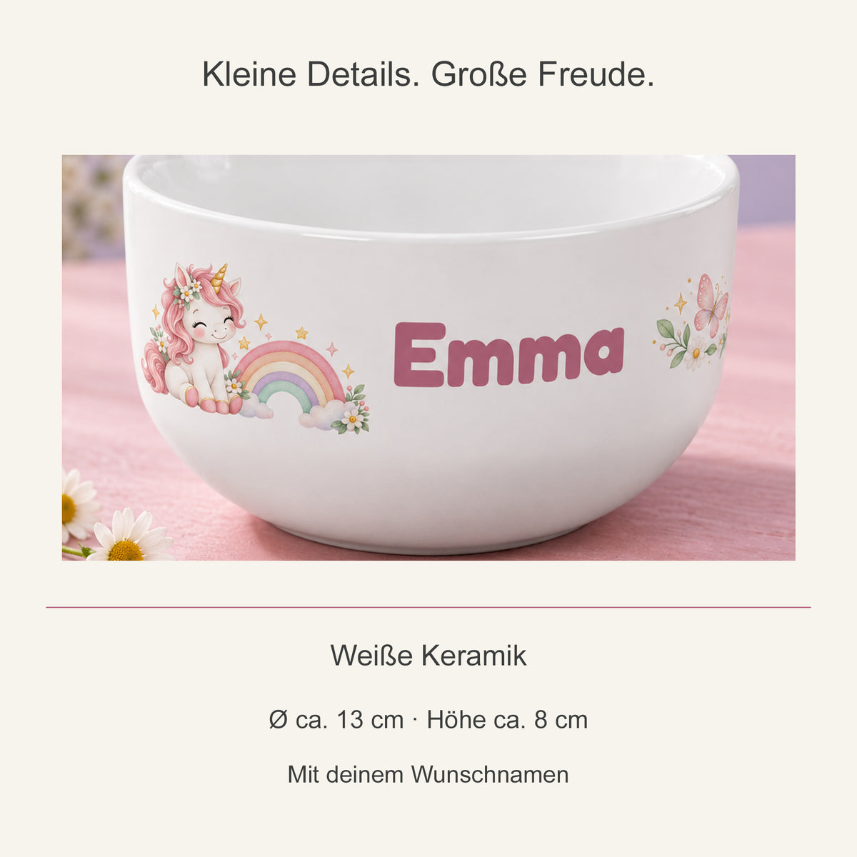 Motivdetail der Keramikschale und Angaben zu Größe und Personalisierung