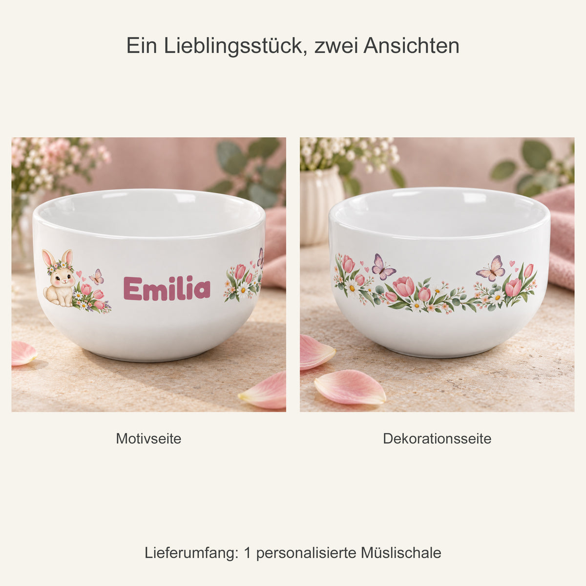Zwei Ansichten einer einzelnen Müslischale mit Hase-Motiv