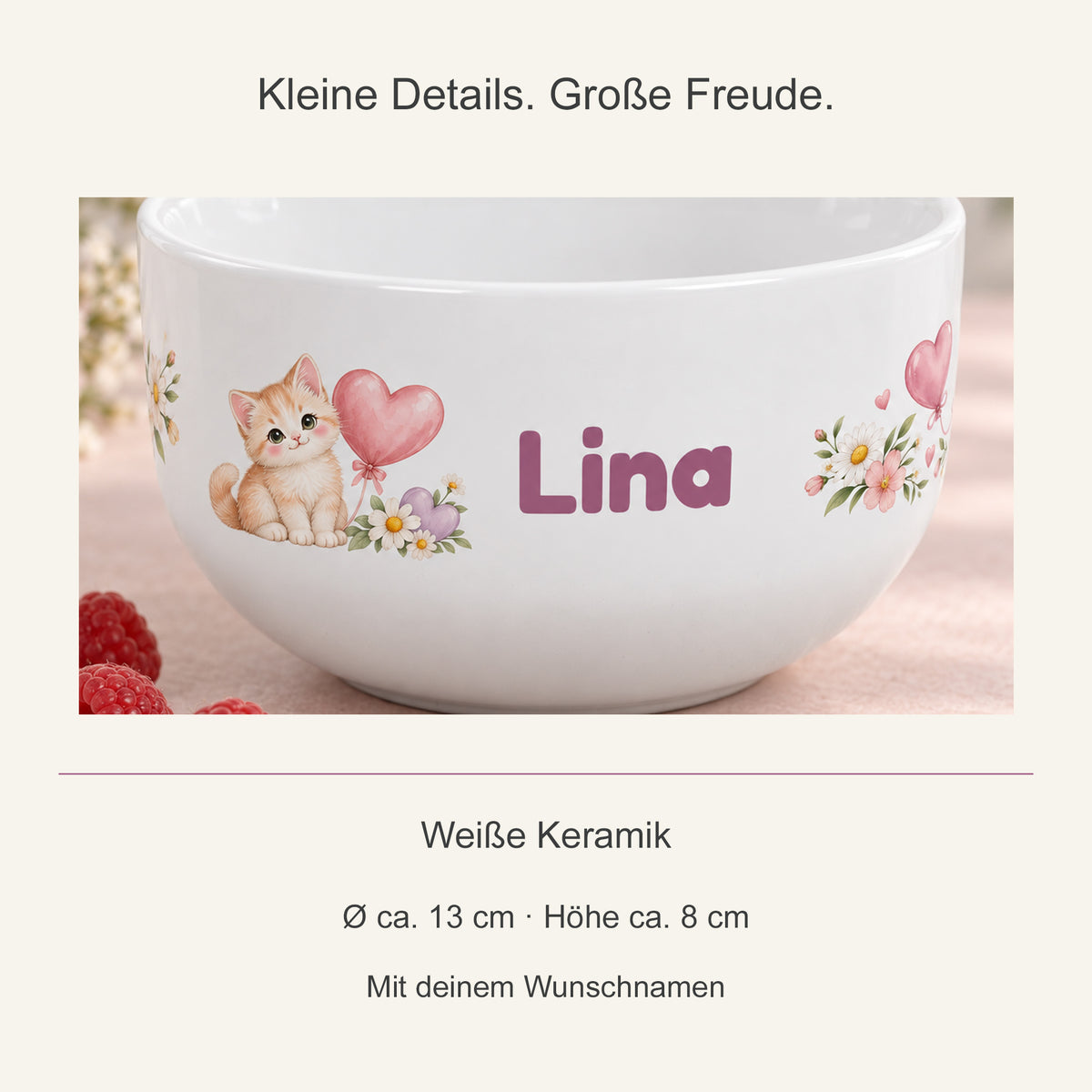Motivdetail der Keramikschale und Angaben zu Größe und Personalisierung