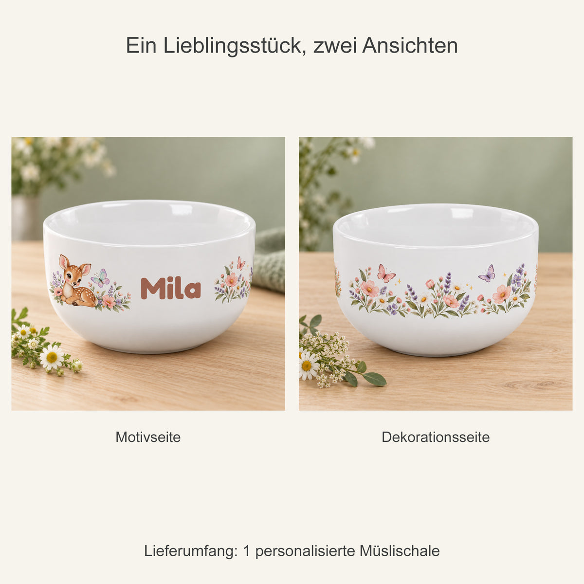 Zwei Ansichten einer einzelnen Müslischale mit Reh-Motiv