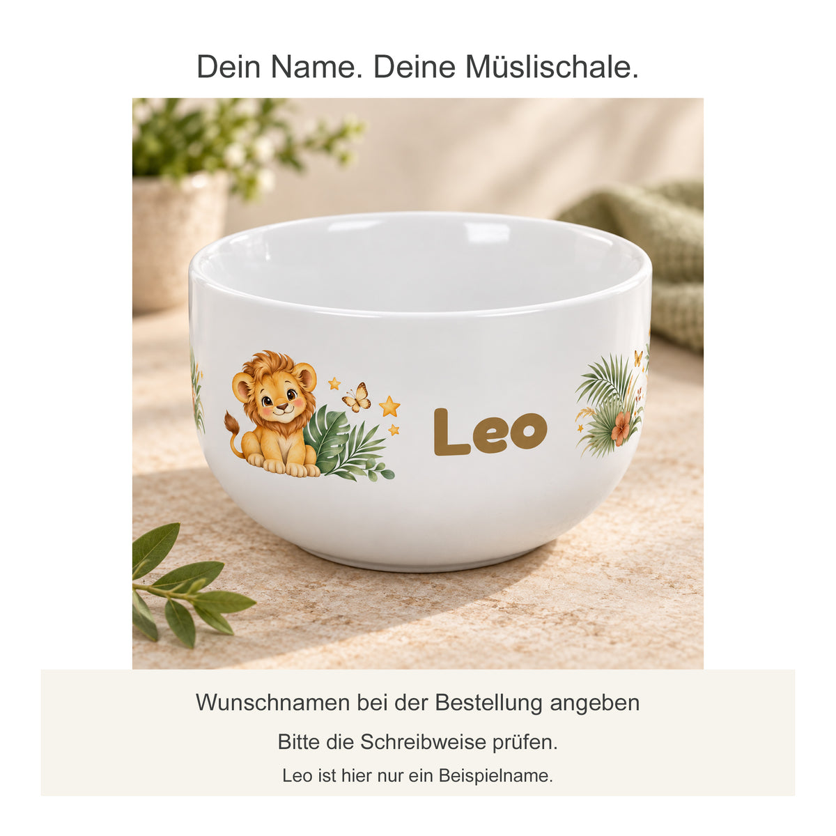 Personalisierte Müslischale Löwenbaby mit Hinweis zum Wunschnamen