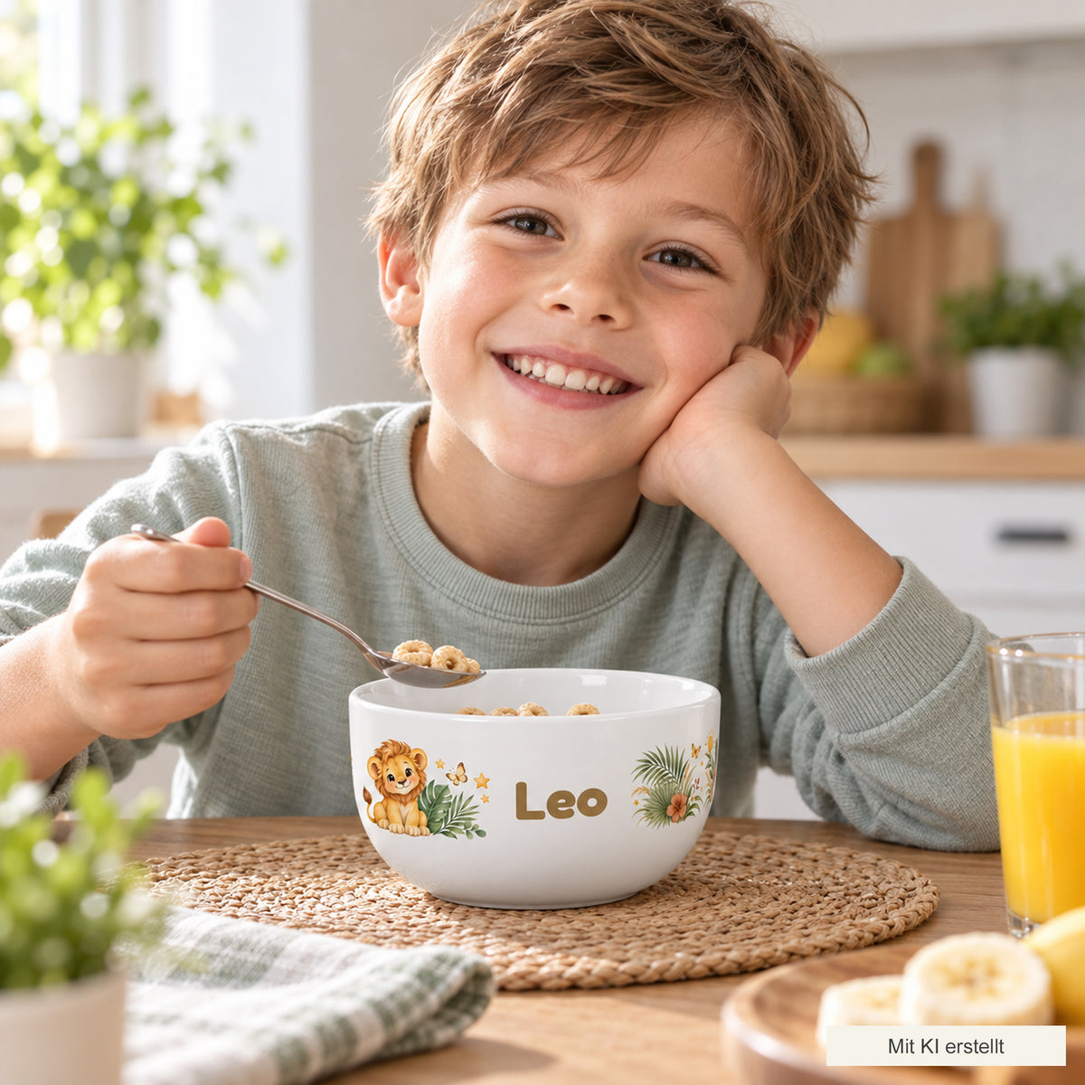 Kind beim Frühstück mit der personalisierten Müslischale Löwenbaby, mit KI erstellt