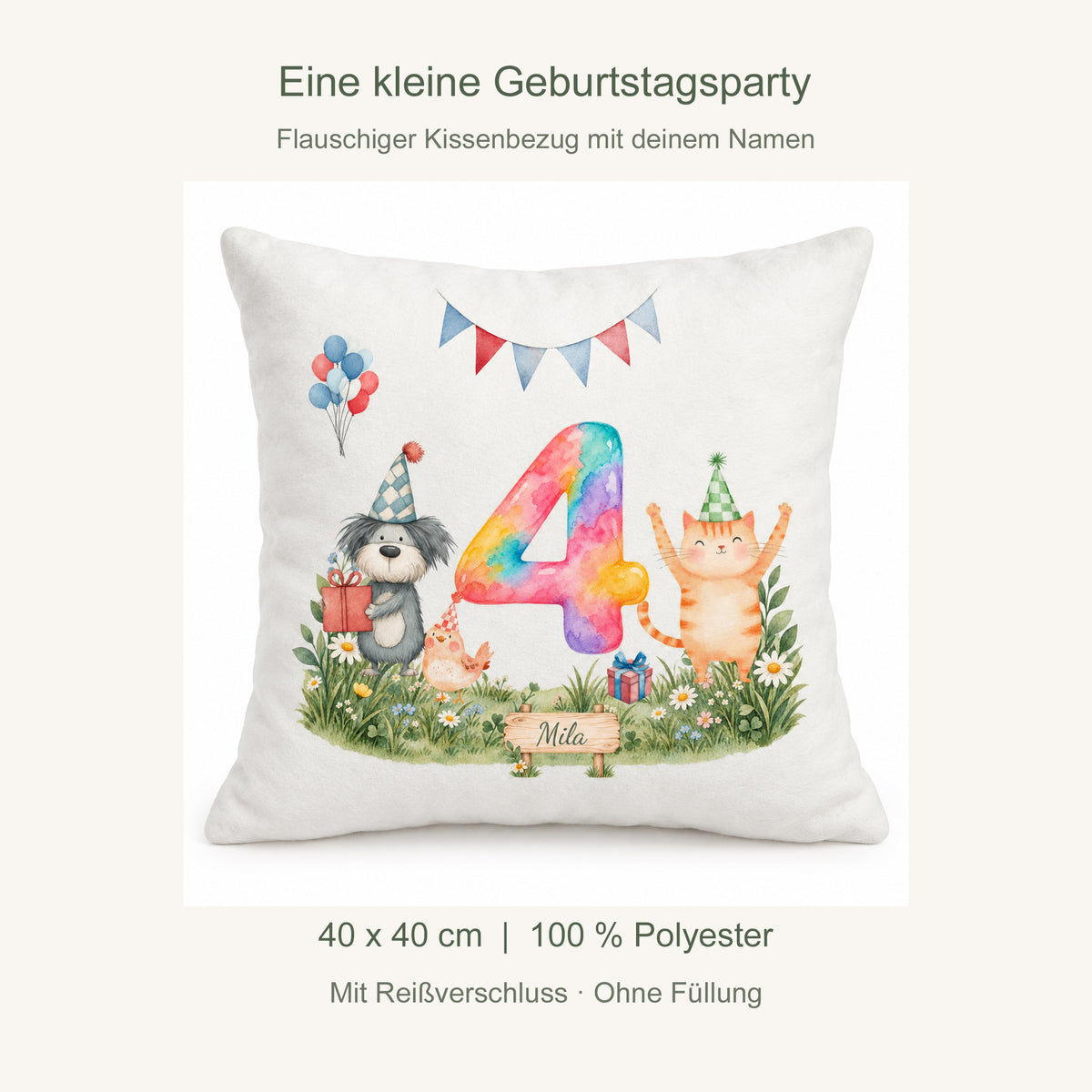 Produktdetails: Kissenbezug 40 x 40 cm, 100 % Polyester, mit Reißverschluss, ohne Füllung; Zahl 4.