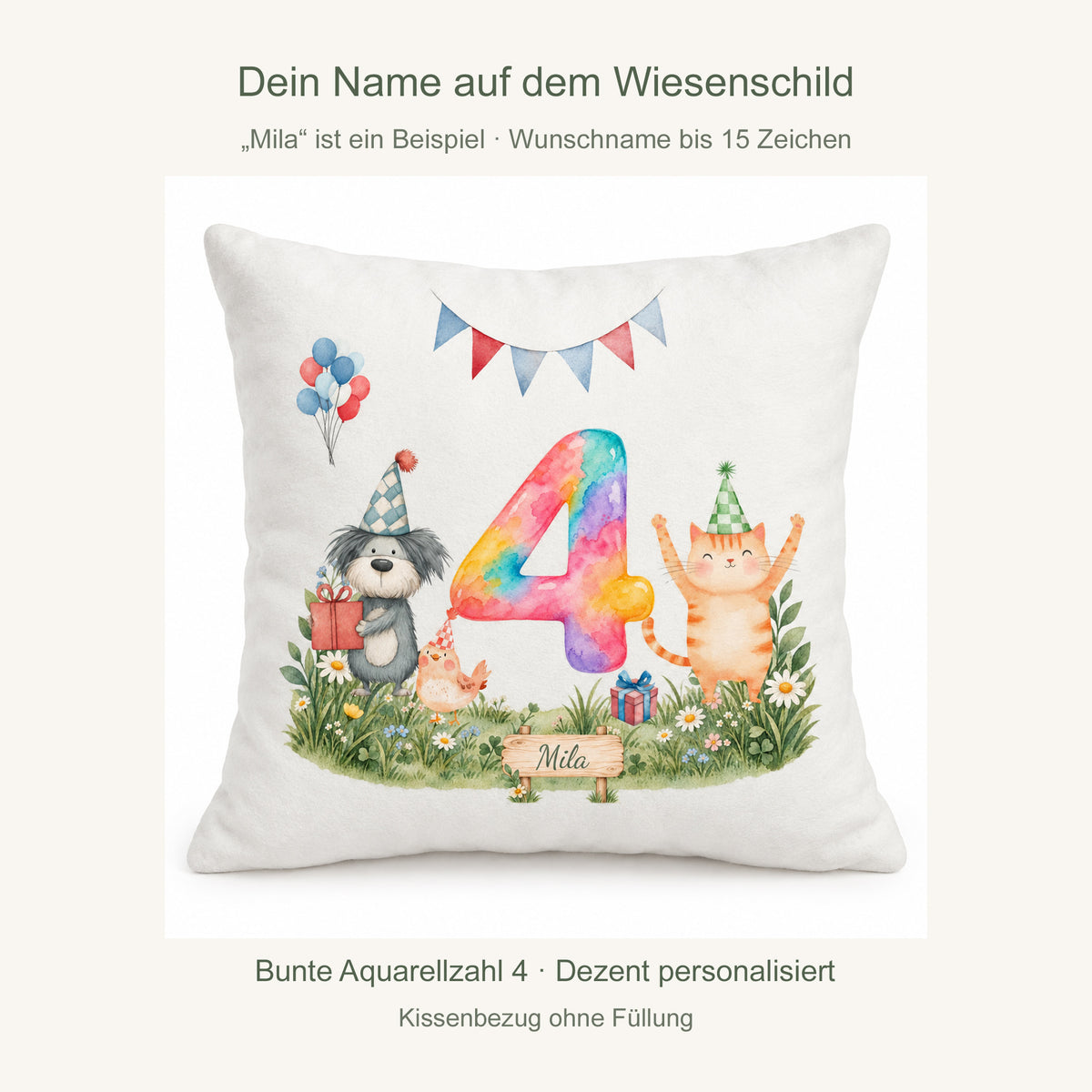 Personalisierung: Beispielname Mila auf dem Wiesenschild; fester Geburtstag 4 und Wunschname bis 15 Zeichen.