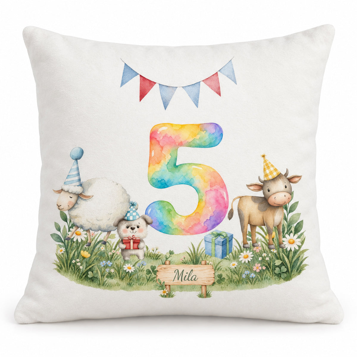 Flauschiger Kissenbezug zum 5. Geburtstag mit bunter Aquarellzahl, schaf, kuh und hund und Beispielname Mila.