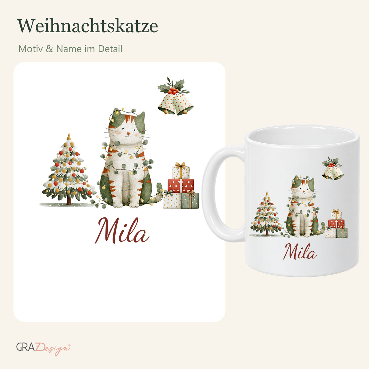 Weihnachtskatze: personalisierte Weihnachtstasse mit Name Mila, Ansicht 3 von 8